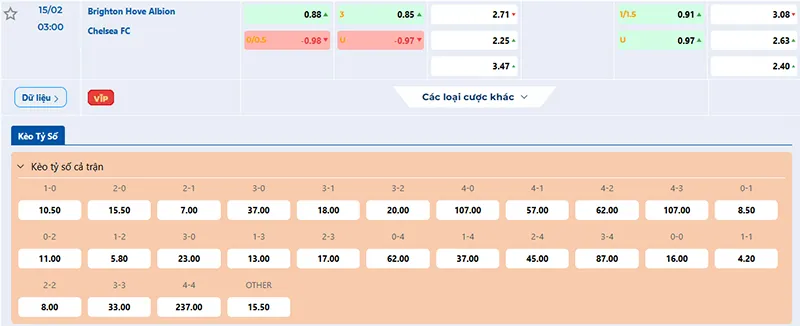 Thông tin tỷ lệ kèo Brighton vs Chelsea 03h00 ngày 15/02/2025