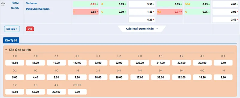 Thông tin tỷ lệ kèo Toulouse vs PSG 03h05 ngày 16/02/2025