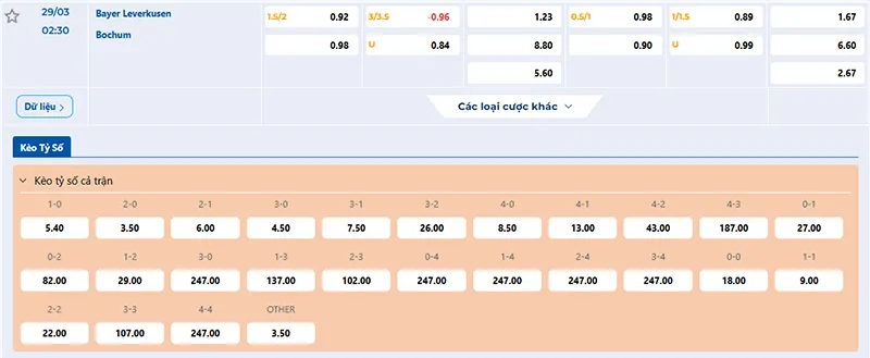 Thông tin tỷ lệ kèo Leverkusen vs Bochum 02h30 ngày 29/3/2025