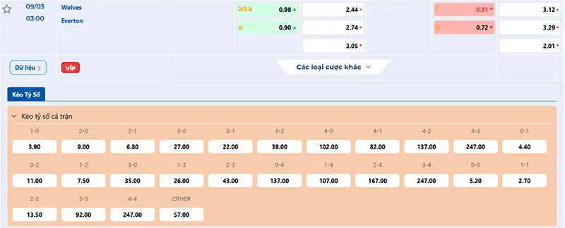 Thông tin tỷ lệ kèo Wolves vs Everton 03h00 ngày 09/3/2025