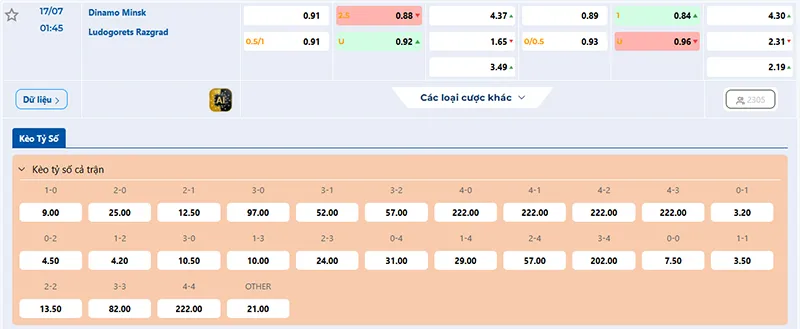 Thông tin tỷ lệ kèo Din Minsk vs Ludogorets 01h45 ngày 17/7/2025