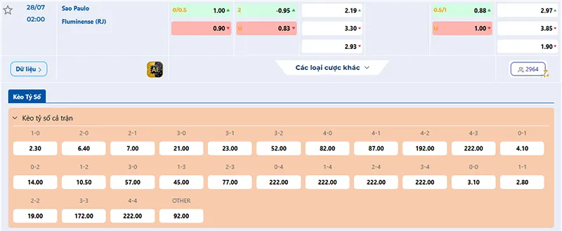 Thông tin tỷ lệ kèo Sao Paulo vs Fluminense 02h00 ngày 28/7/2025