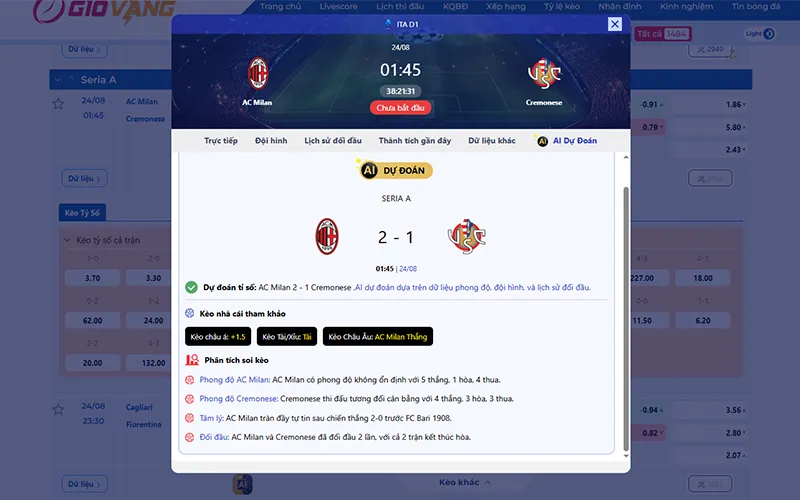 Dự đoán AI AC Milan vs Cremonese 01h45 ngày 24/8/2025