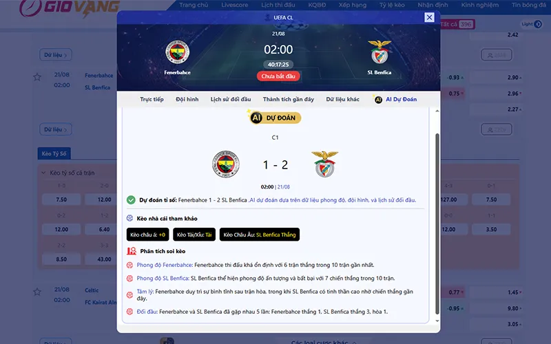 Dự đoán AI Fenerbahce vs Benfica 02h00 ngày 21/8/2025