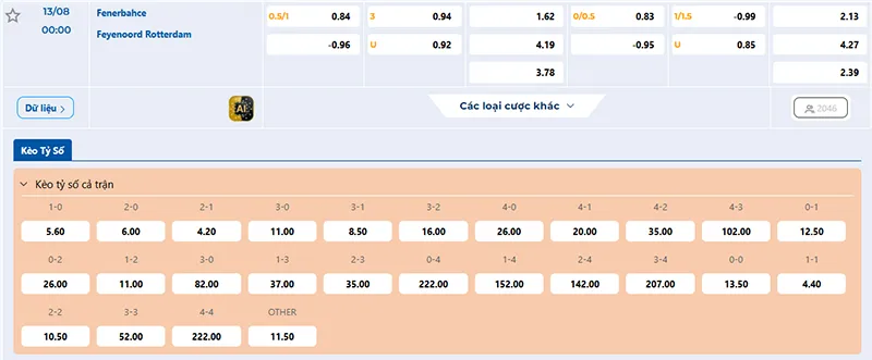 Thông tin tỷ lệ kèo Fenerbahce vs Feyenoord 00h00 ngày 13/8/2025