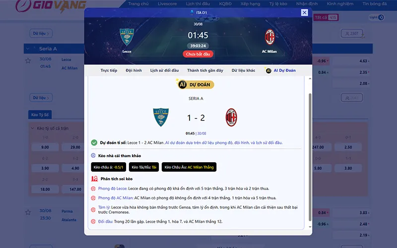 Dự đoán AI Lecce vs AC Milan 01h45 ngày 30/8/2025