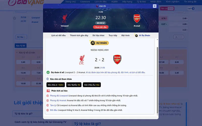 Dự đoán AI Liverpool vs Arsenal 22h30 ngày 31/8/2025