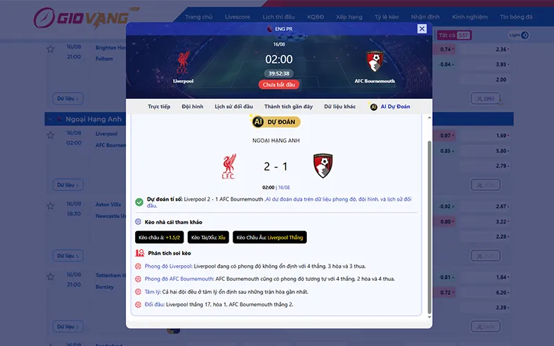 Dự đoán AI Liverpool vs Bournemouth 02h00 ngày 16/8/2025