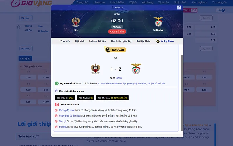 Dự đoán AI Nice vs Benfica 02h00 ngày 07/8/2025
