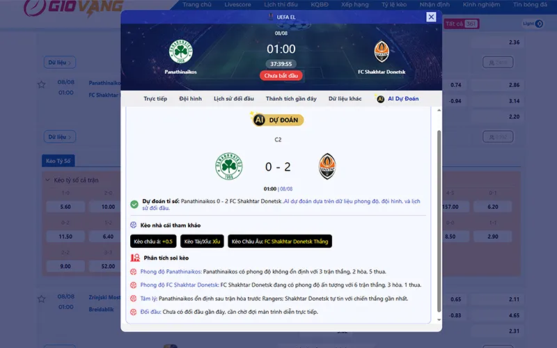 Dự đoán AI Panathinaikos vs Shakhtar Donetsk 01h00 ngày 08/8/2025