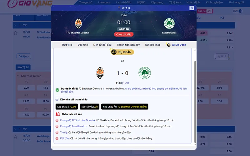 Dự đoán AI Shakhtar vs Panathinaikos 01h00 ngày 15/8/2025