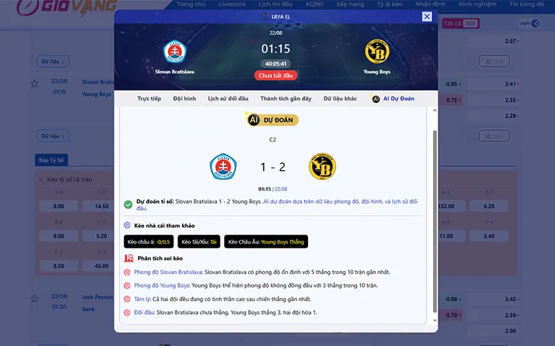 Dự đoán AI Slovan vs Young Boys 01h15 ngày 22/8/2025