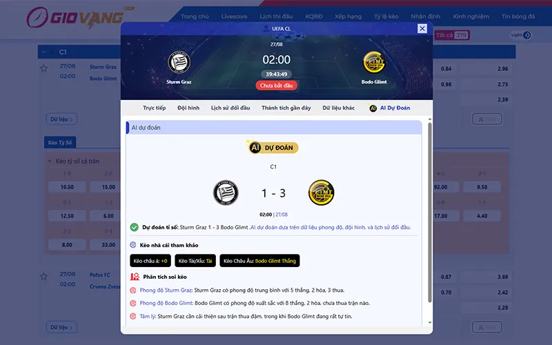 Dự đoán AI Sturm Graz vs Bodo Glimt 02h00 ngày 27/8/2025