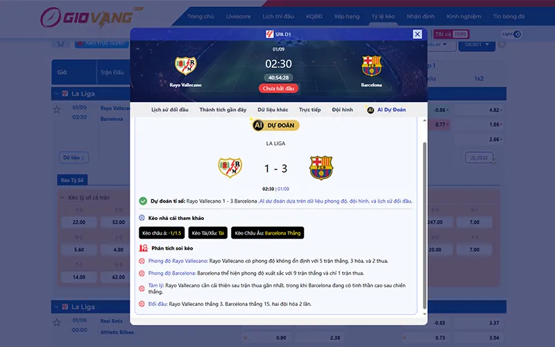 Dự đoán AI Vallecano vs Barcelona 02h30 ngày 01/9/2025