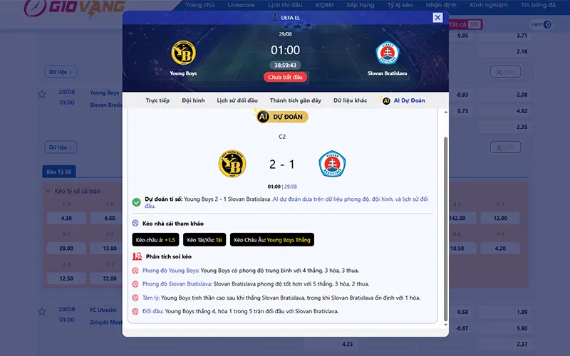 Dự đoán AI Young Boys vs Slovan 01h00 ngày 29/8/2025