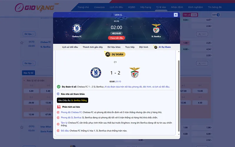 Dự đoán AI Chelsea vs Benfica 02h00 ngày 01/10/2025