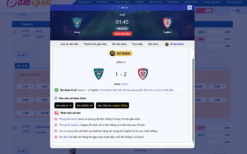 Dự đoán AI Lecce vs Cagliari 01h45 ngày 20/9/2025
