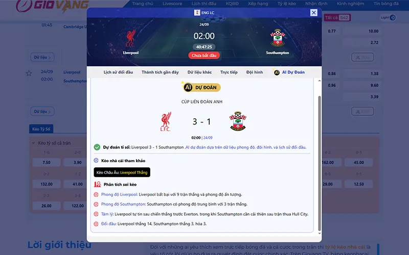 Dự đoán AI Liverpool vs Southampton 02h00 ngày 24/9/2025