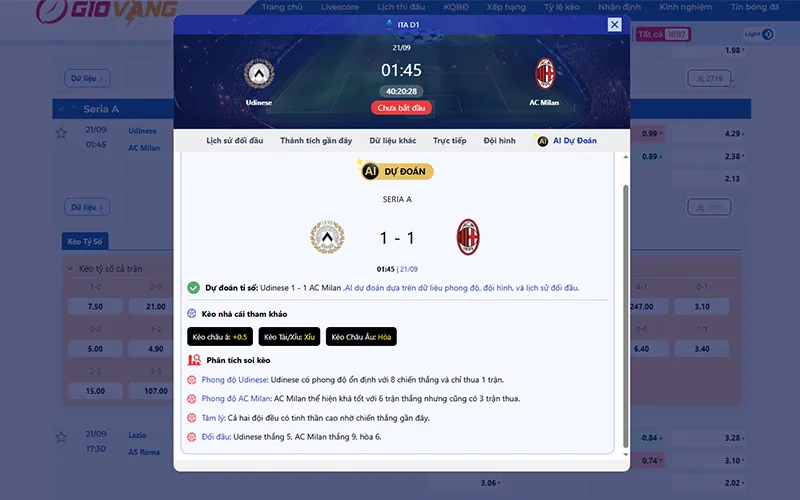 Dự đoán AI Udinese vs AC Milan 01h45 ngày 21/9/2025