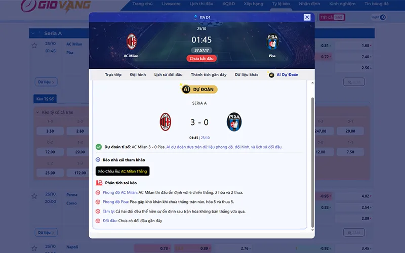 Dự đoán AI AC Milan vs Pisa 01h45 ngày 25/10/2025