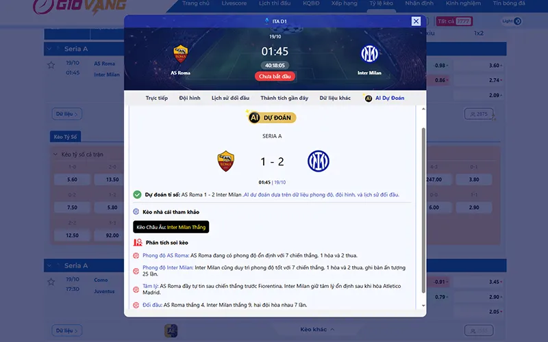 Dự đoán AI AS Roma vs Inter Milan 01h45 ngày 19/10/2025