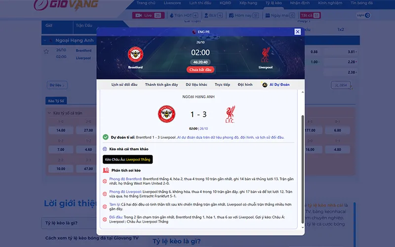 Dự đoán AI Brentford vs Liverpool 02h00 ngày 26/10/2025