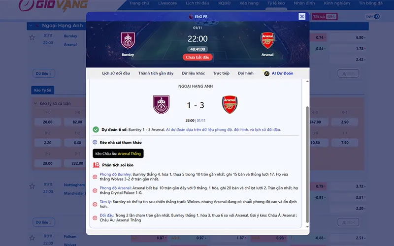 Dự đoán AI Burnley vs Arsenal 22h00 ngày 01/11/2025