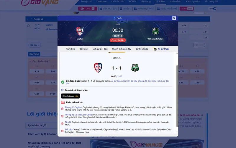 Dự đoán AI Cagliari vs Sassuolo 00h30 ngày 31/10/2025