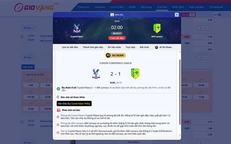 Dự đoán AI Crystal Palace vs AEK Larnaca 02h00 ngày 24/10/2025