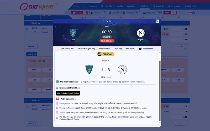 Dự đoán AI Lecce vs Napoli 00h30 ngày 29/10/2025