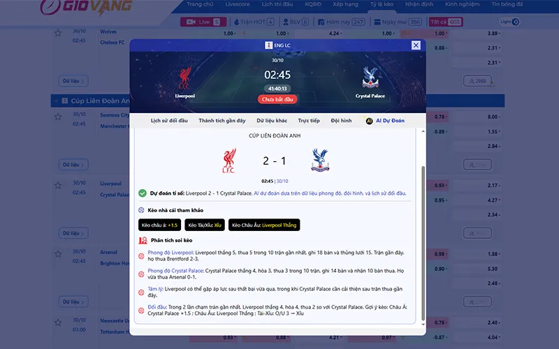 Dự đoán AI Liverpool vs Crystal Palace 02h45 ngày 30/10/2025