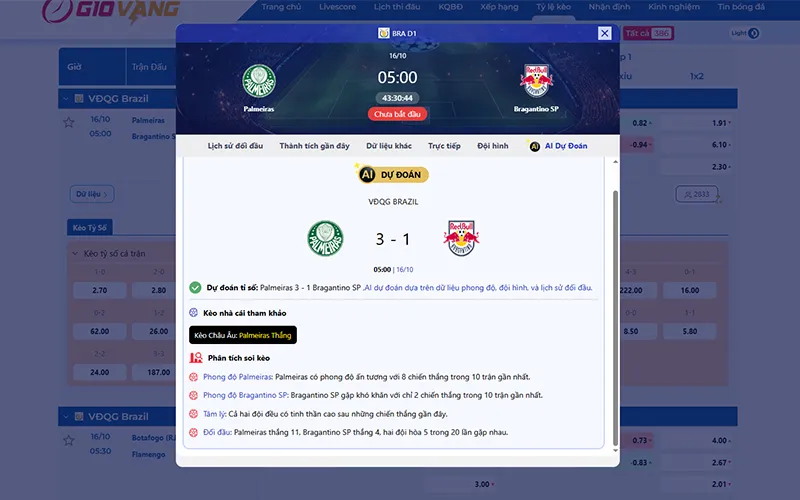 Dự đoán AI Palmeiras vs Bragantino 05h00 ngày 16/10/2025
