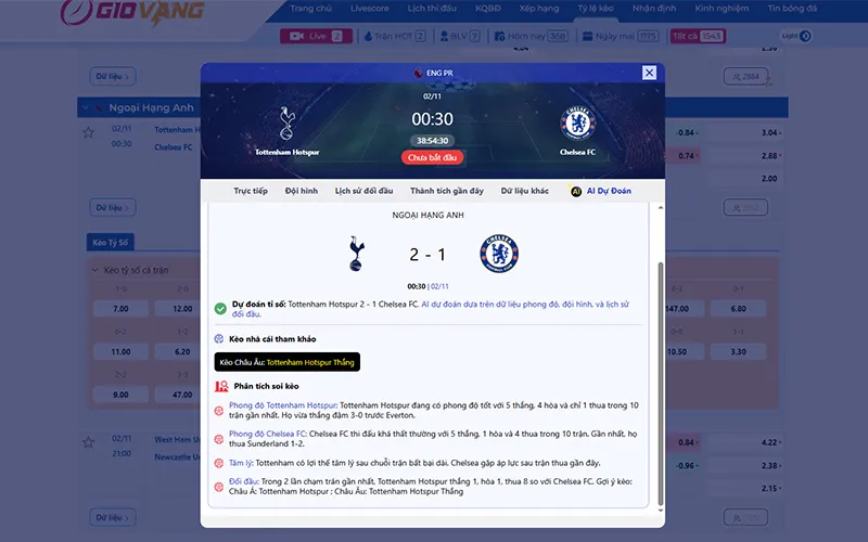 Dự đoán AI Tottenham vs Chelsea 00h30 ngày 02/11/2025