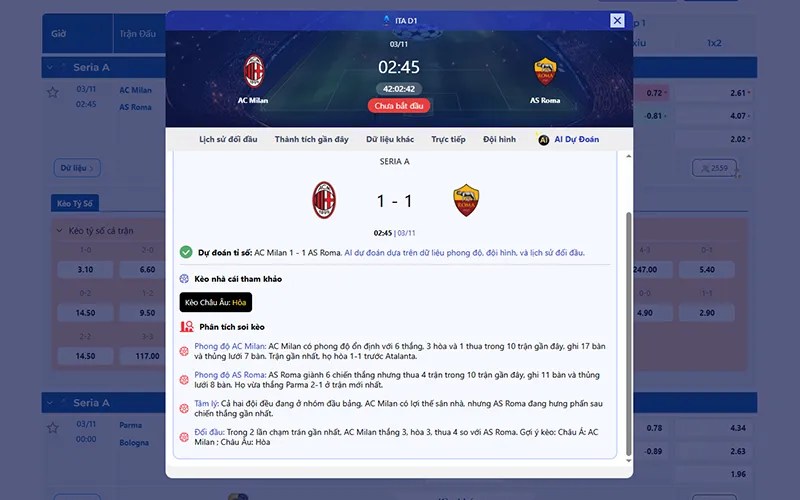 Dự đoán AI AC Milan vs AS Roma 01h45 ngày 03/11/2025