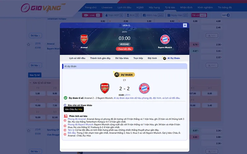 Dự đoán AI Arsenal vs Bayern Munich 03h00 ngày 27/11/2025