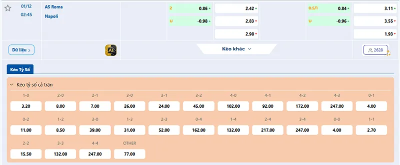 Thông tin tỷ lệ kèo AS Roma vs Napoli 02h45 ngày 01/12/2025