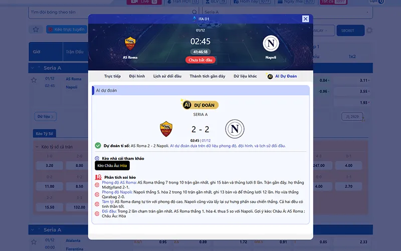 Dự đoán AI AS Roma vs Napoli 02h45 ngày 01/12/2025