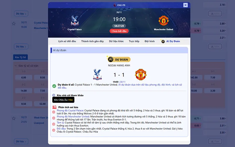 Dự đoán AI Crystal Palace vs Man Utd 19h00 ngày 30/11/2025