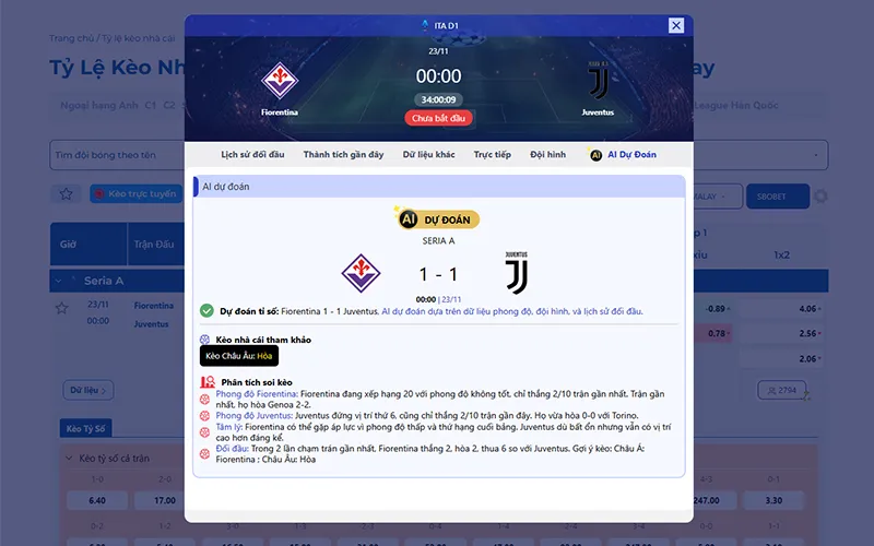 Dự đoán AI Fiorentina vs Juventus 00h00 ngày 23/11/2025