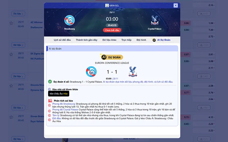Dự đoán AI Strasbourg vs Crystal Palace 03h00 ngày 28/11/2025