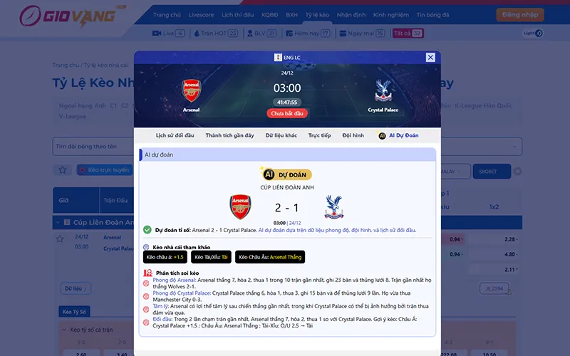 Dự đoán AI Arsenal vs Crystal Palace 03h00 ngày 24/12/2025