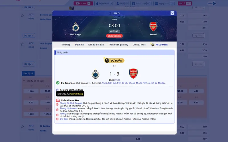 Dự đoán AI Club Brugge vs Arsenal 03h00 ngày 11/12/2025