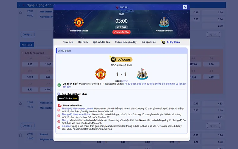 Dự đoán AI Man Utd vs Newcastle 03h00 ngày 27/12/2025