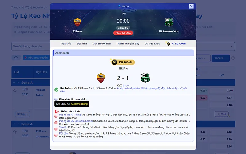 Dự đoán AI AS Roma vs Sassuolo 00h00 ngày 11/01/2026
