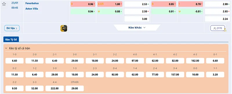 Thông tin tỷ lệ kèo Fenerbahce vs Aston Villa 00h45 ngày 23/01/2026