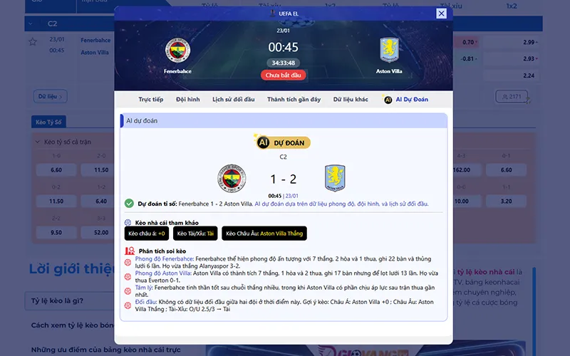 Dự đoán AI Fenerbahce vs Aston Villa 00h45 ngày 23/01/2026