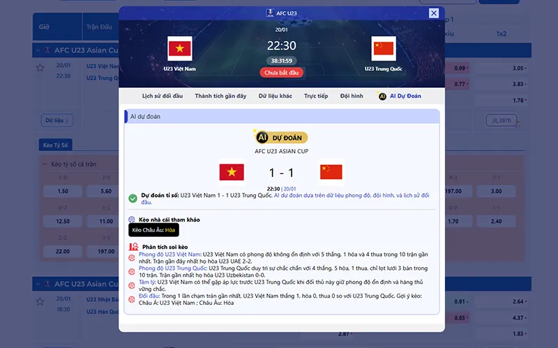 Dự đoán AI U23 Việt Nam vs U23 Trung Quốc 22h30 ngày 20/01/2026