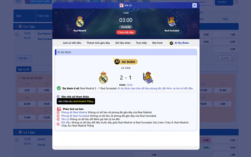 Dự đoán AI Real Madrid vs Sociedad 03h00 ngày 15/02/2026