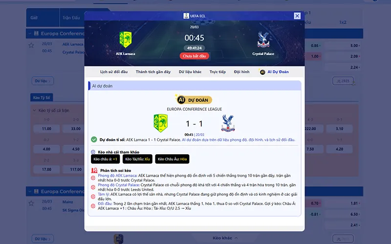 Dự đoán AI AEK Larnaca vs Crystal Palace 00h45 ngày 20/3/2026