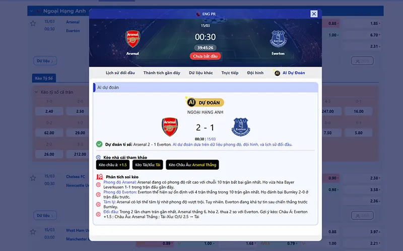 Dự đoán AI Arsenal vs Everton 00h30 ngày 15/3/2026